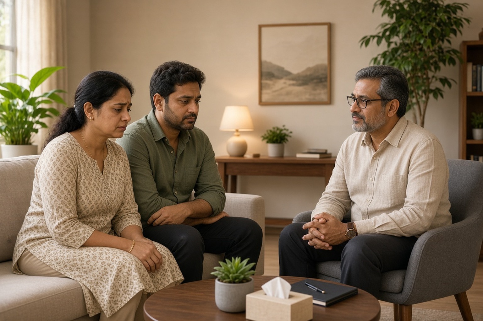 Professional couples therapy session in a calm, supportive setting